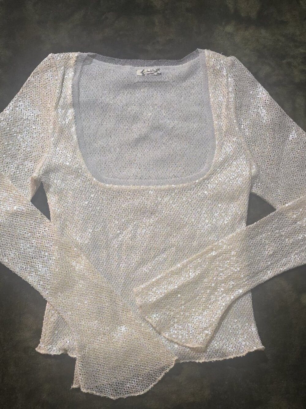 Free People Intimately Sheer Sequin Mesh Top Ivory Long Sleeve Sparkly Going-Out